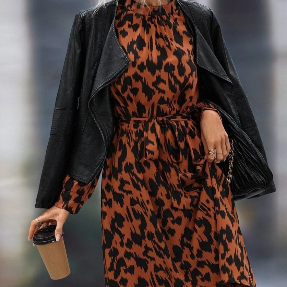 Boho Animal Print belted midi dress brown  black - Picture 4 of 6